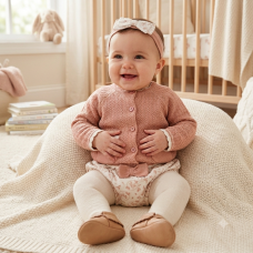 E07711: Baby Girls Knitted/ Woven Mix Cardigan, Knickers, Tights & Headband Outfit (0-12 Months)