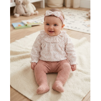 E07712: Baby Girls Knitted/ Woven Mix Blouse, Footed Trousers & Headband Outfit (0-12 Months)