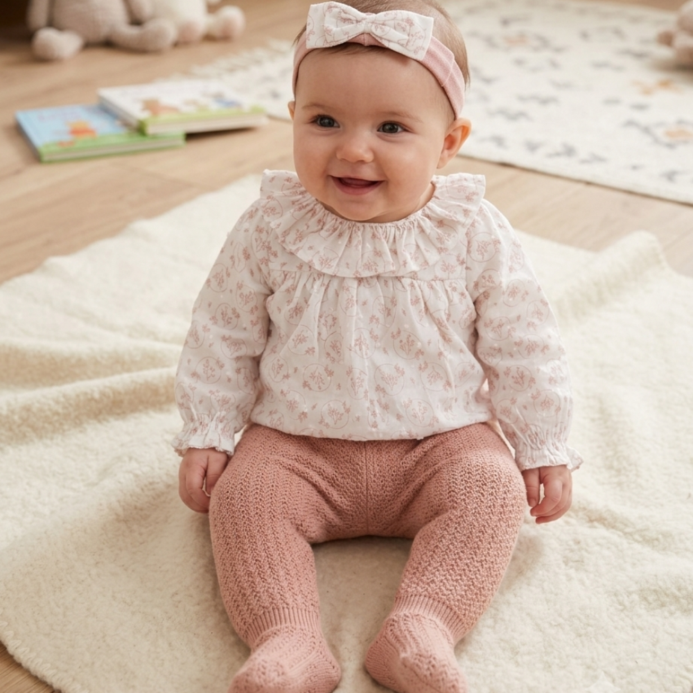 E07712: Baby Girls Knitted/ Woven Mix Blouse, Footed Trousers & Headband Outfit (0-12 Months) E07712: Baby Girls Knitted/ Woven Mix Blouse, Footed Trousers & Headband Outfit (0-12 Months)