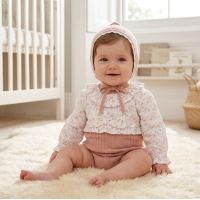 E07713: Baby Girls Knitted/ Woven Mix Bodysuit & Bonnet Outfit (0-12 Months)