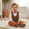 E07732INF: Baby Boys Bodysuit Shirt, Mock Woven Waistcoat With Bow Tie & Pant Outfit (12-24 Months)