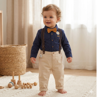 E07754INF: Baby Boys Bodysuit Shirt With Bow Tie & Pant With Braces Outfit (12-24 Months)