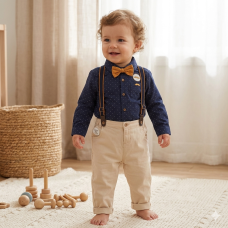 E07754INF: Baby Boys Bodysuit Shirt With Bow Tie & Pant With Braces Outfit (12-24 Months)