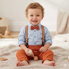 E07756INF: Baby Boys Bodysuit Shirt With Bow Tie & Pant With Braces Outfit (12-24 Months)