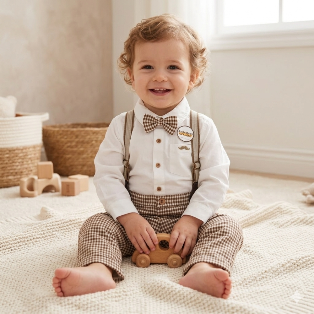 E07767INF: Baby Boys Bodysuit Shirt With Bow Tie & Pant With Braces Outfit (12-24 Months) E07767INF: Baby Boys Bodysuit Shirt With Bow Tie & Pant With Braces Outfit (12-24 Months)