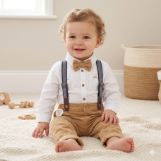 E07770INF: Baby Boys Bodysuit Shirt With Bow Tie & Pant With Braces Outfit (12-24 Months)