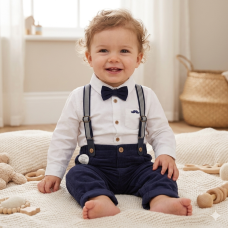 E07772INF: Baby Boys Bodysuit Shirt With Bow Tie & Pant With Braces Outfit (12-24 Months)