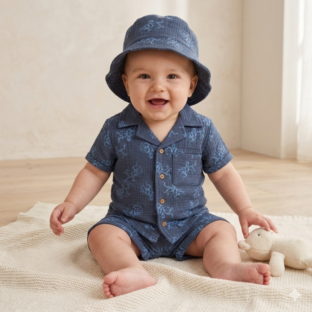F09819INF: Baby Boys Muslin Fabric Shirt, Short & Hat Set (12-24 Months) F09819INF: Baby Boys Muslin Fabric Shirt, Short & Hat Set (12-24 Months)