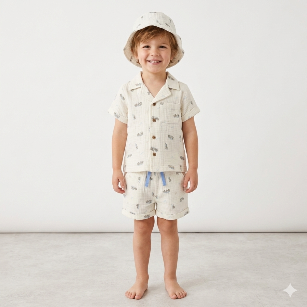 F09820TOD: Boys Muslin Fabric Shirt, Short & Hat Set (3-4 Years) F09820TOD: Boys Muslin Fabric Shirt, Short & Hat Set (3-4 Years)