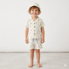 F09820TOD: Boys Muslin Fabric Shirt, Short & Hat Set (3-4 Years)