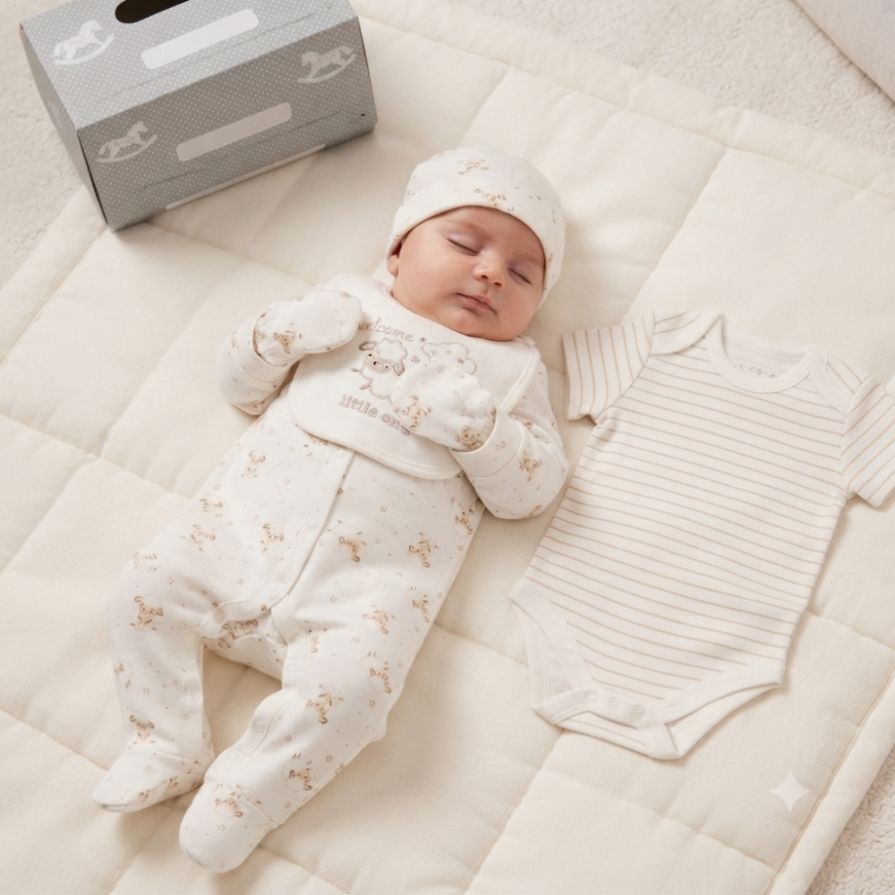 F10096NB: Baby Unisex "Welcome Little One" 6 Piece Mesh Bag Gift Set (NB-6 Months) F10096NB: Baby Unisex "Welcome Little One" 6 Piece Mesh Bag Gift Set (NB-6 Months)