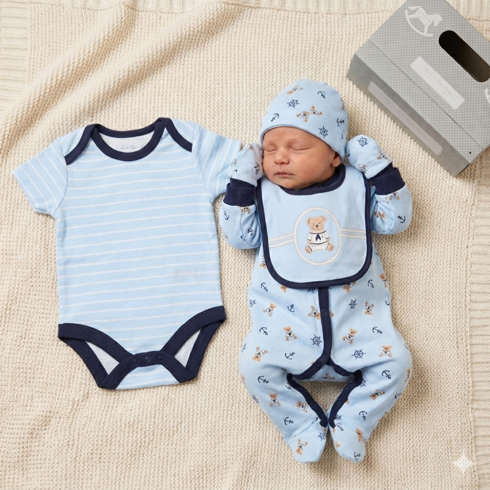 F10396NB: Baby Boys Sailor Bear 6 Piece Mesh Bag Gift Set (NB-6 Months) F10396NB: Baby Boys Sailor Bear 6 Piece Mesh Bag Gift Set (NB-6 Months)