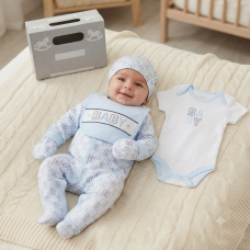F10683NB: Baby Boys "Baby" 6 Piece Mesh Bag Gift Set (NB-6 Months)