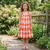 FFX73: Girls Orange Check Dress (5-11 Years)