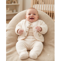 G10800NB: Baby Unisex Borg Jacket, Trouser & Ribbed Bodysuit Outfit (0-9 Months)
