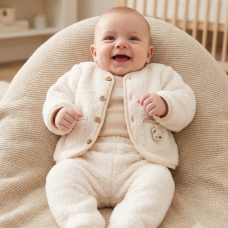 G10800NB: Baby Unisex Borg Jacket, Trouser & Ribbed Bodysuit Outfit (0-9 Months)