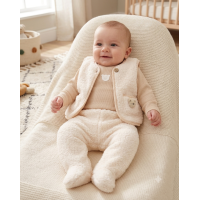G10801NB: Baby Unisex Borg Jacket, Trouser & Ribbed Bodysuit Outfit (0-9 Months)