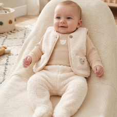 G10801NB: Baby Unisex Borg Jacket, Trouser & Ribbed Bodysuit Outfit (0-9 Months)