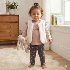 G10880INF: Baby Girls Faux Fur Gilet, Top & Legging Outfit (12-24 Months)