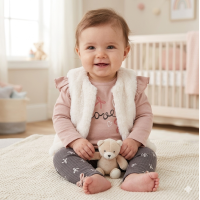 G10880NB: Baby Girls Faux Fur Gilet, Top & Legging Outfit (0-9 Months)