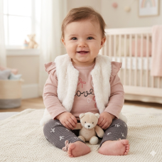 G10880NB: Baby Girls Faux Fur Gilet, Top & Legging Outfit (0-9 Months)