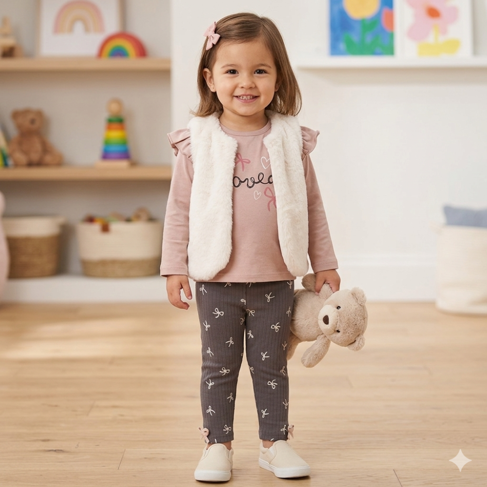 G10880TOD: Girls Faux Fur Gilet, Top & Legging Outfit (2-5 Years) G10880TOD: Girls Faux Fur Gilet, Top & Legging Outfit (2-5 Years)