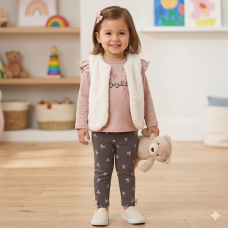 G10880TOD: Girls Faux Fur Gilet, Top & Legging Outfit (2-5 Years)