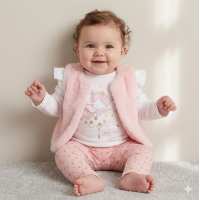G10882NB: Baby Girls Faux Fur Gilet, Top & Legging Outfit (0-9 Months)