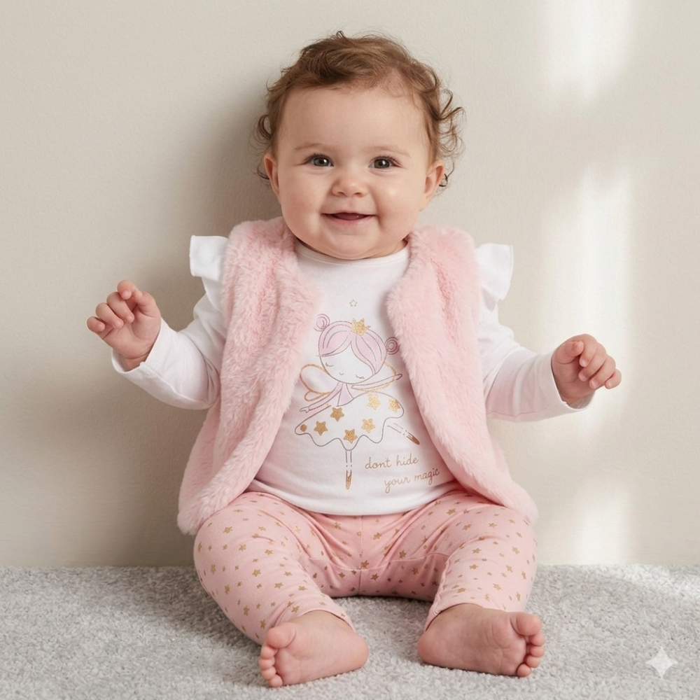 G10882NB: Baby Girls Faux Fur Gilet, Top & Legging Outfit (0-9 Months) G10882NB: Baby Girls Faux Fur Gilet, Top & Legging Outfit (0-9 Months)