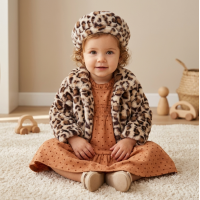 G10935INF: Baby Girls Faux Fur Jacket & Beret With Dress (12-24 Months)
