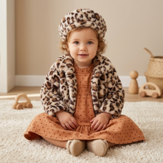 G10935INF: Baby Girls Faux Fur Jacket & Beret With Dress (12-24 Months)