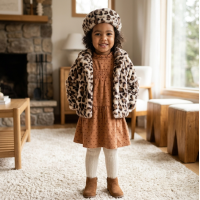 G10935TOD: Girls Faux Fur Jacket & Beret With Dress (2-4 Years)