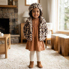 G10935TOD: Girls Faux Fur Jacket & Beret With Dress (2-4 Years)