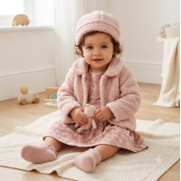 G10939INF: Baby Girls Boucle Fur Jacket & Beret With Crepe Jersey Dress (12-24 Months)
