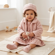 G10939INF: Baby Girls Boucle Fur Jacket & Beret With Crepe Jersey Dress (12-24 Months)