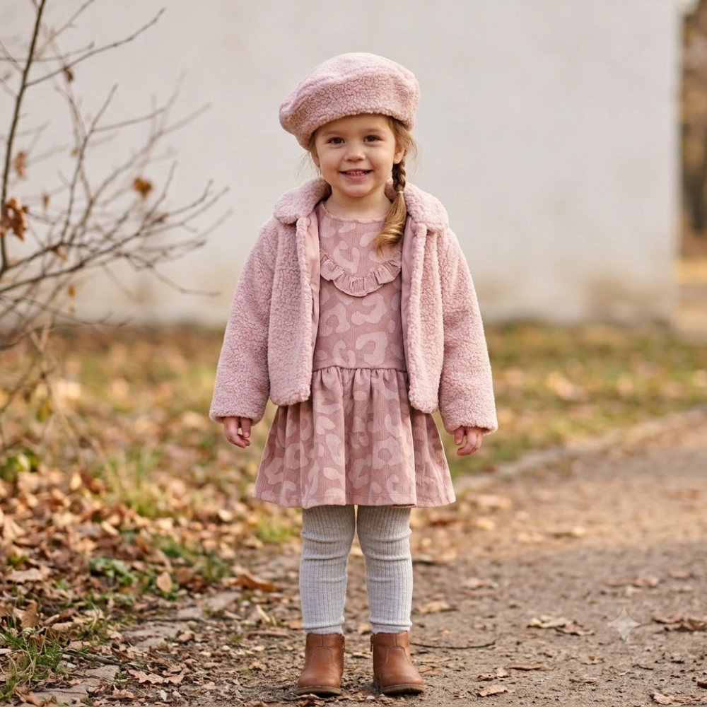 G10939TOD: Girls Boucle Fur Jacket & Beret With Crepe Jersey Dress (2-4 Years) G10939TOD: Girls Boucle Fur Jacket & Beret With Crepe Jersey Dress (2-4 Years)