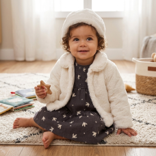 G10959INF: Baby Girls Faux Fur Jacket & Beret With Dress (12-24 Months)