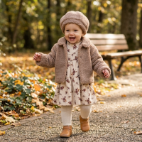 G10967INF: Baby Girls Boucle Fur Jacket & Beret With Crepe Jersey Dress (12-24 Months)
