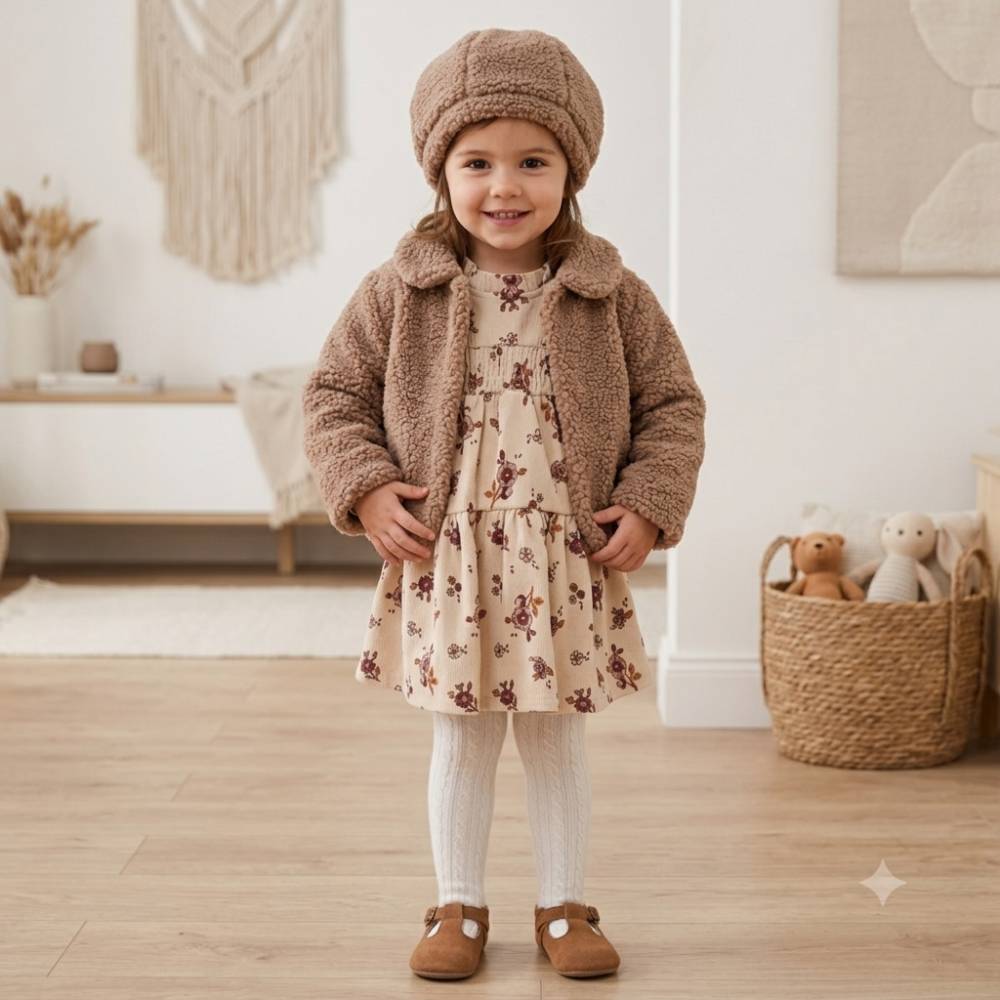G10967TOD: Girls Boucle Fur Jacket & Beret With Crepe Jersey Dress (2-3 Years) G10967TOD: Girls Boucle Fur Jacket & Beret With Crepe Jersey Dress (2-3 Years)
