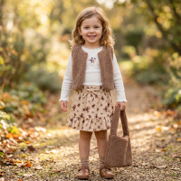 G10968TOD: Girls Borg Gilet, Top, Crepe Skirt & Handbag Outfit (2-4 Years)