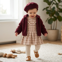 G10969INF: Baby Girls Boucle Fur Jacket & Beret With Crepe Jersey Dress (12-24 Months)