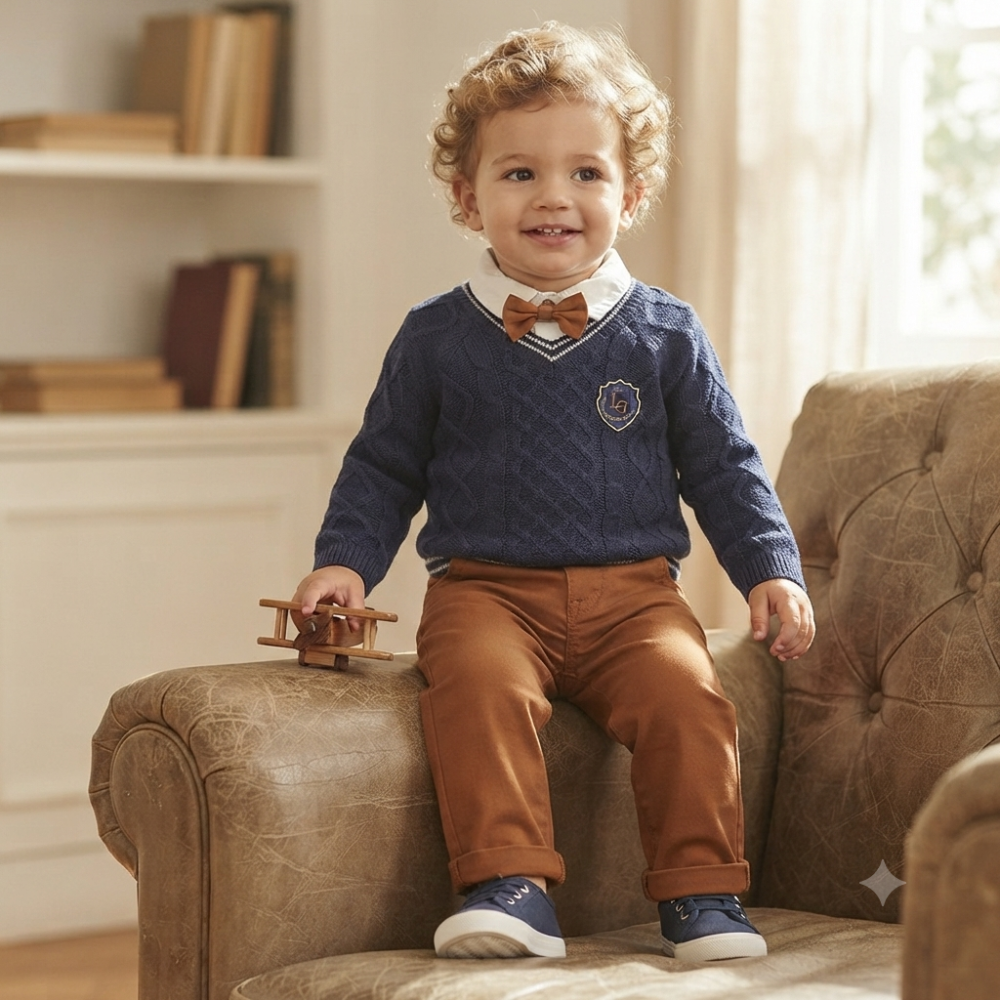 G10993INF: Baby Boys Knitted Jumper, Bodysuit Shirt With Bow Tie & Pant Outfit (12-24 Months) G10993INF: Baby Boys Knitted Jumper, Bodysuit Shirt With Bow Tie & Pant Outfit (12-24 Months)