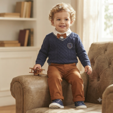 G10993INF: Baby Boys Knitted Jumper, Bodysuit Shirt With Bow Tie & Pant Outfit (12-24 Months)