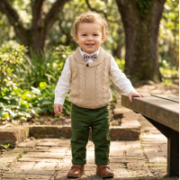 G10999INF: Baby Boys Knitted Vest, Bodysuit Shirt With Bow Tie & Pant Outfit (12-24 Months)