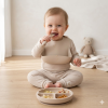G11395NB: Baby Beige Ribbed Bodysuit & Pant With Silicone Food Catcher Bib, Bowl & Spork Set (9-24 Months)