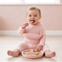 G11397NB: Baby Pink Ribbed Bodysuit & Pant With Silicone Food Catcher Bib, Bowl & Spork Set (9-24 Months)