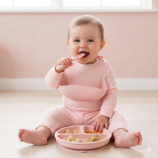 G11397NB: Baby Pink Ribbed Bodysuit & Pant With Silicone Food Catcher Bib, Bowl & Spork Set (9-24 Months)