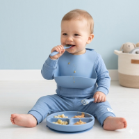G11399NB: Baby Dusky Blue Ribbed Bodysuit & Pant With Silicone Food Catcher Bib, Bowl & Spork Set (9-24 Months)
