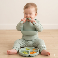 G11400NB: Baby Sage Ribbed Bodysuit & Pant With Silicone Food Catcher Bib, Bowl & Spork Set (9-24 Months)