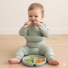 G11400NB: Baby Sage Ribbed Bodysuit & Pant With Silicone Food Catcher Bib, Bowl & Spork Set (9-24 Months)